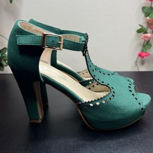Suede Green Vintage Style Retro Heels Womens 7 Party Cocktail
